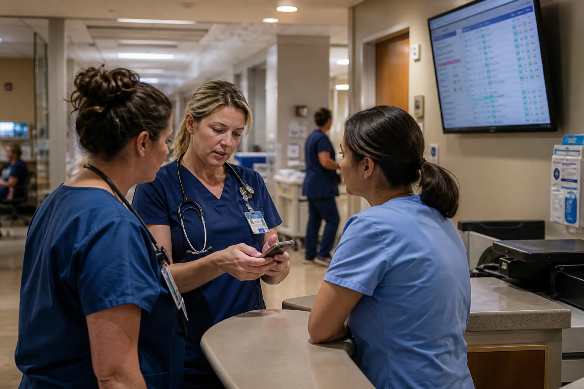 Hospital nurse manager reviewing shift coverage across departments