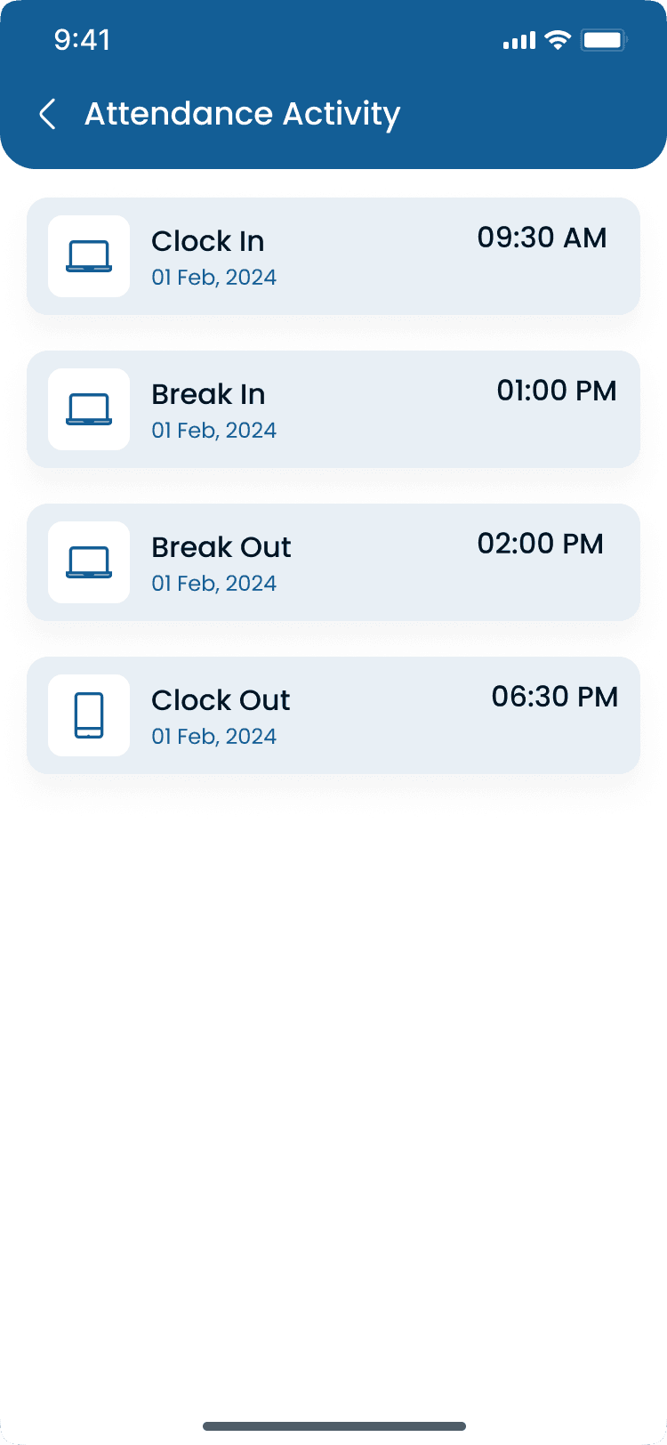 Manager attendance activity and shift time log in the Heyshift app
