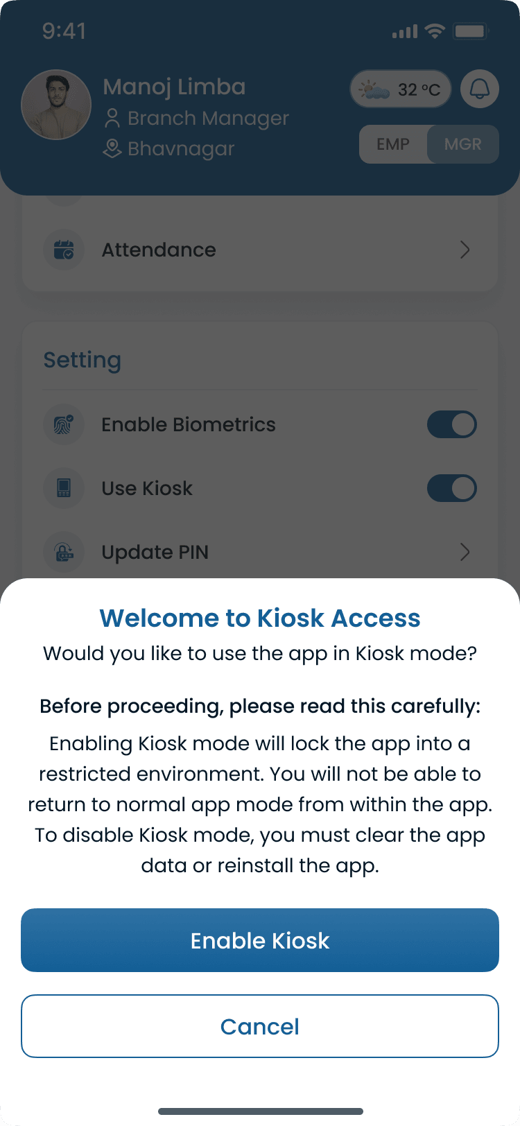 Enable kiosk mode on a shared Heyshift attendance device