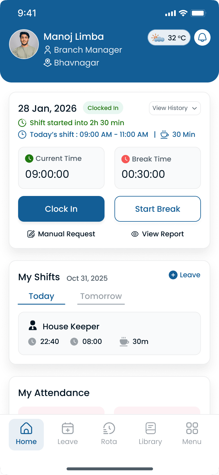 Staff clock-in screen on the Heyshift mobile app