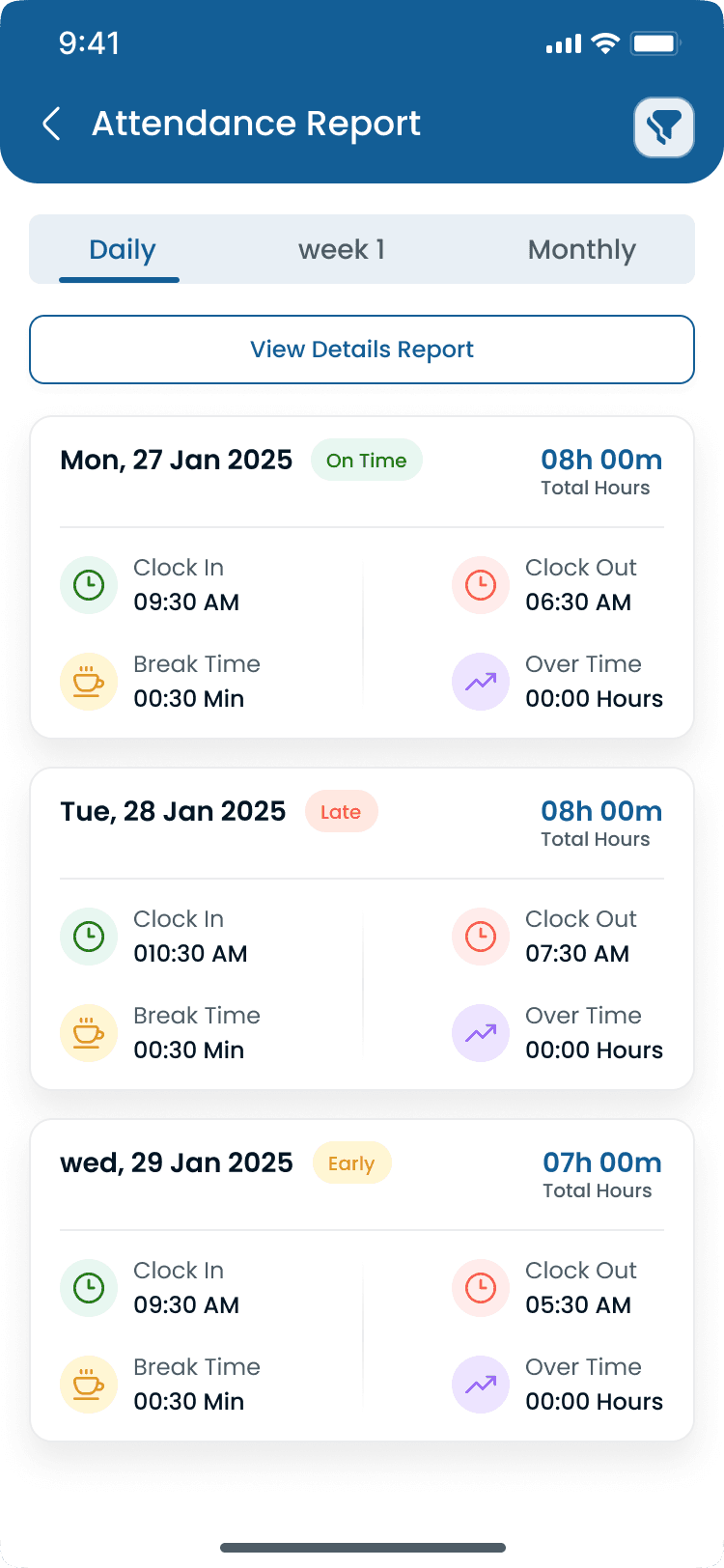 Attendance report detail on the Heyshift manager mobile app