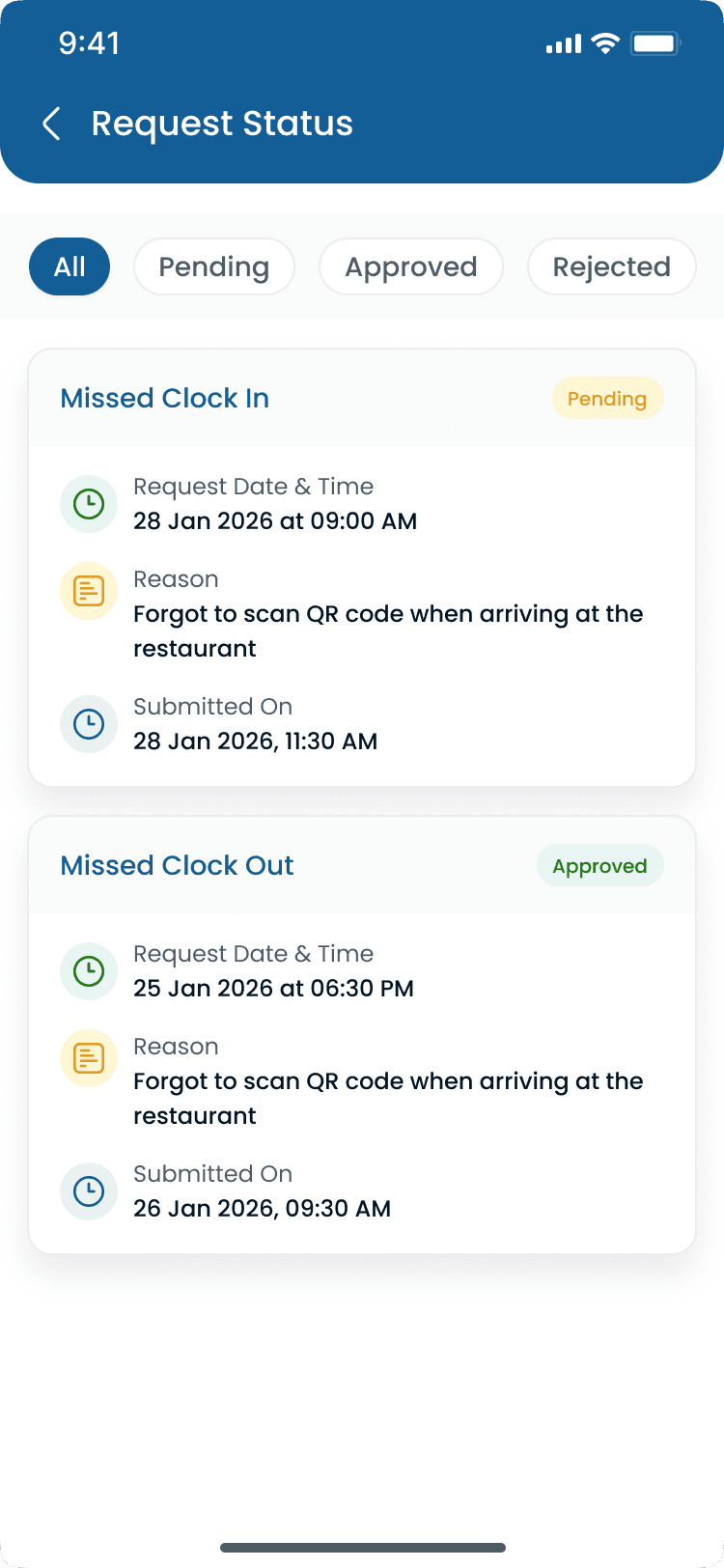 Manual time request status on the Heyshift mobile app
