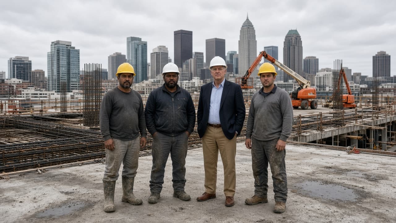Commercial construction crew on a US mid-rise concrete deck