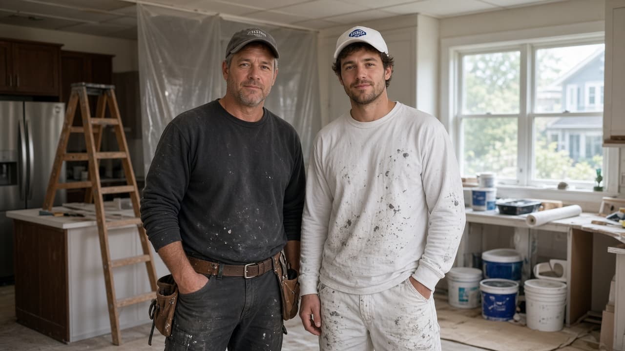 Remodeling crew working inside a US kitchen renovation
