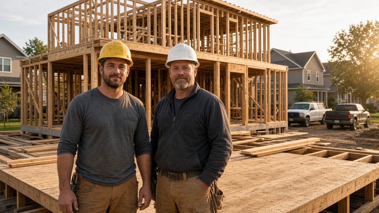 Home builders framing a US suburban two-story house