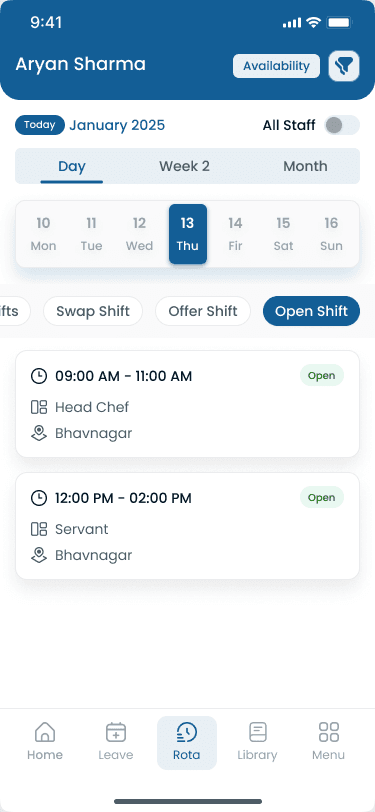 Workforce schedule on mobile with assigned shifts and open coverage