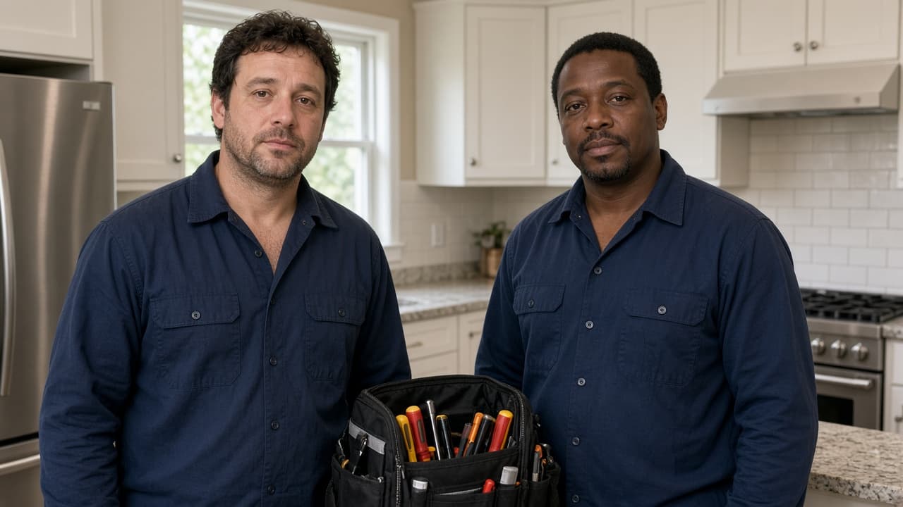 Appliance repair technicians in a US kitchen