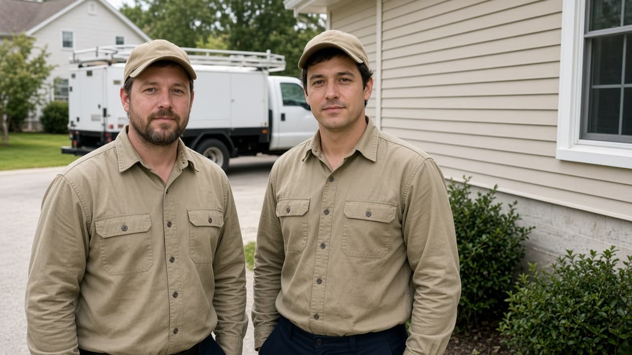 Pest-control technicians beside a US suburban house