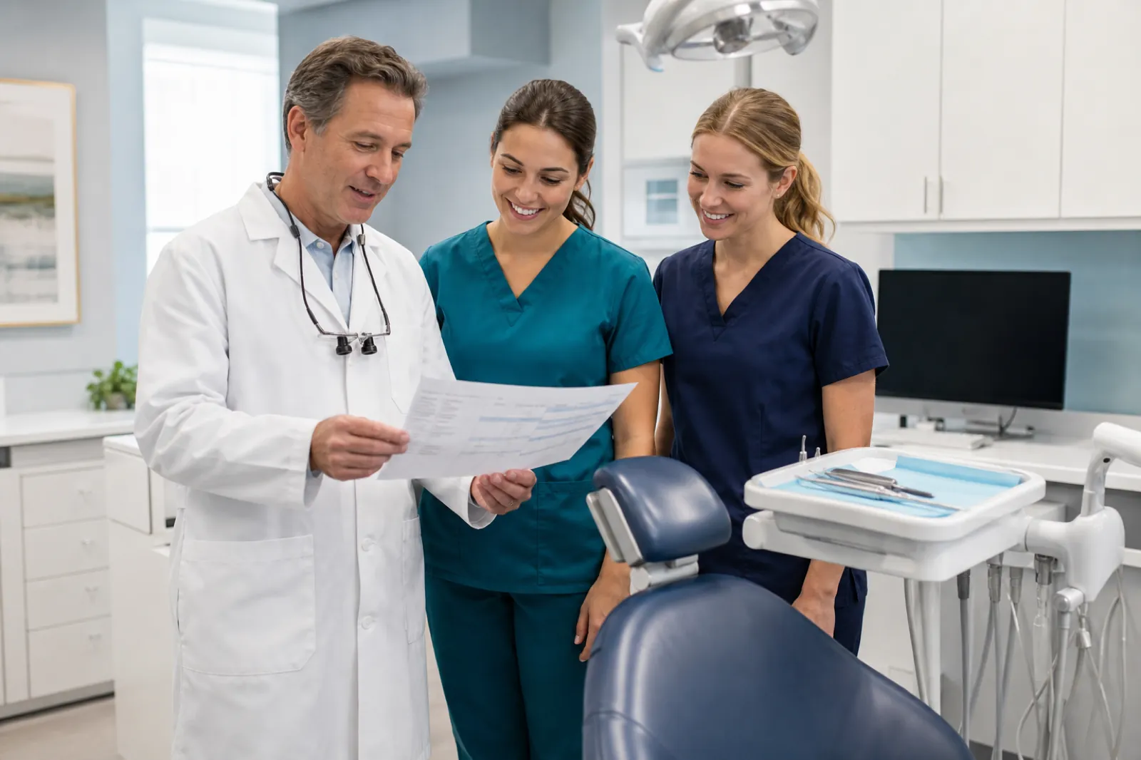 Dentist, hygienist, and assistant reviewing the operatory schedule