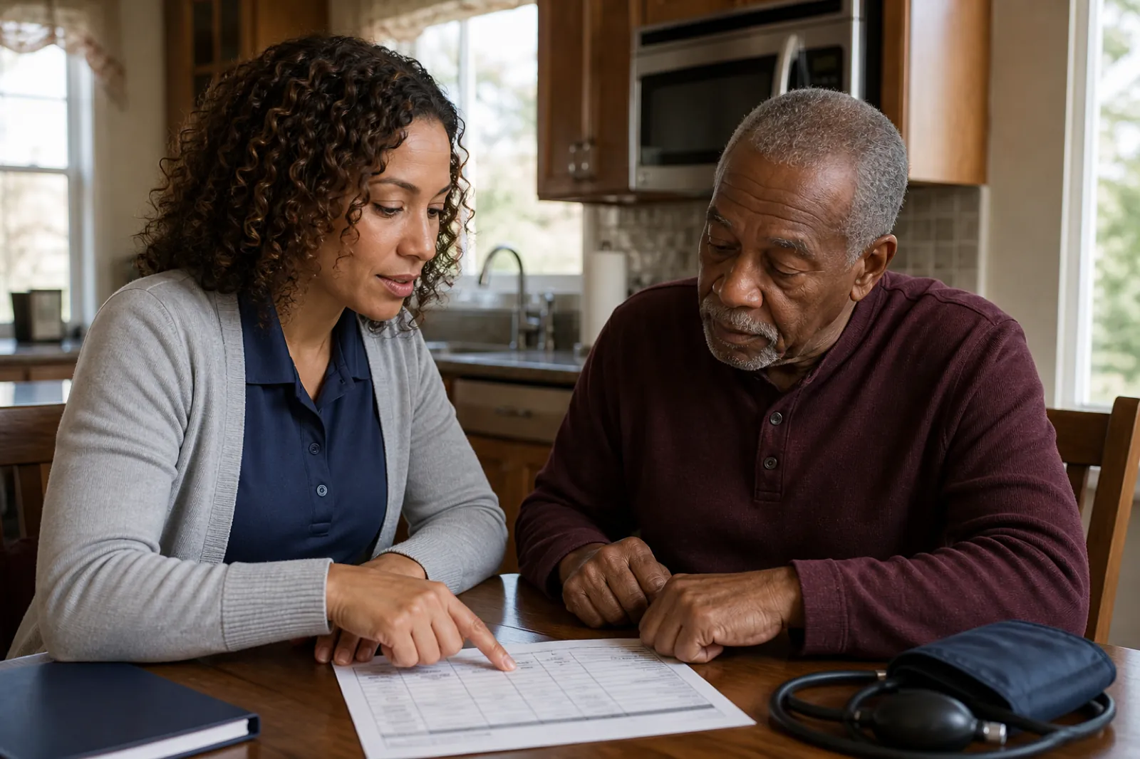 Home healthcare caregiver reviewing a visit schedule with a patient