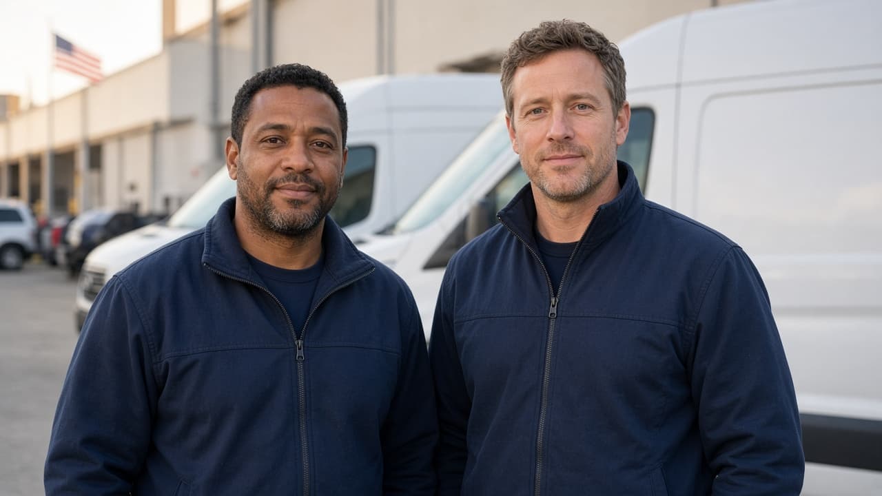 Last-mile delivery drivers beside vans at a US depot