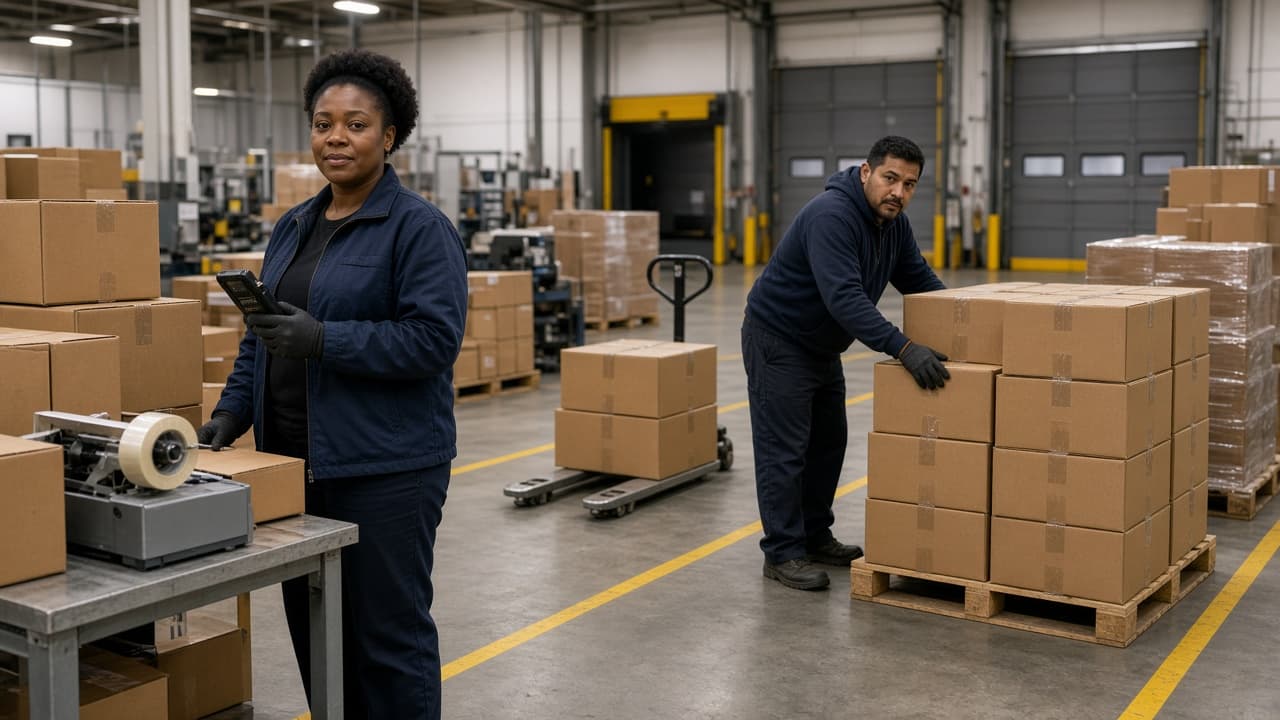 Packaging crew staging finished goods for outbound at a US plant