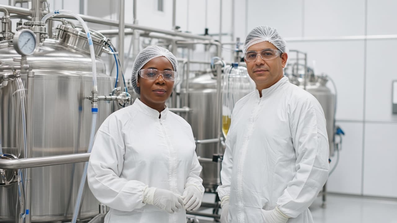 Process technicians checking a batch vessel in a US pharmaceutical manufacturing suite