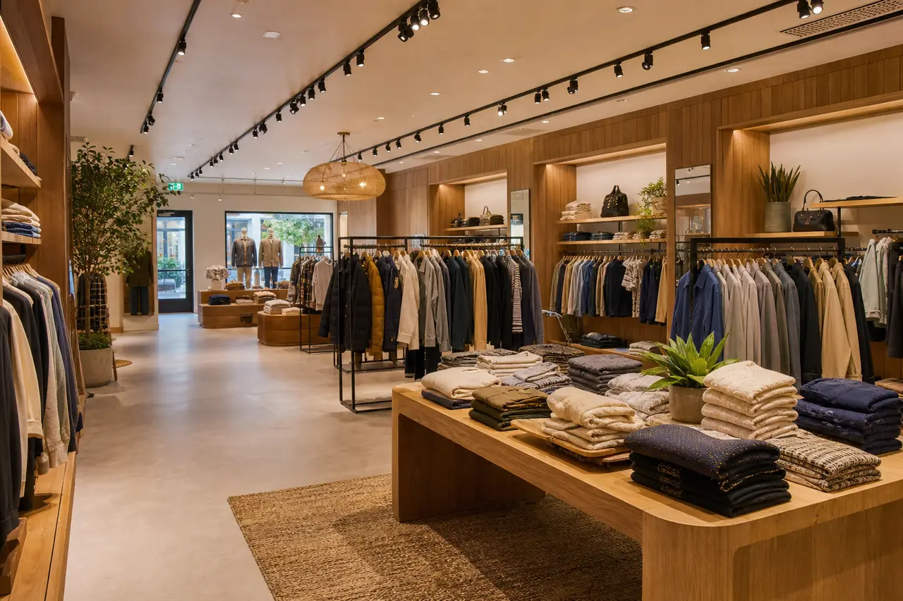 Clothing boutique sales floor with apparel racks and folded tables