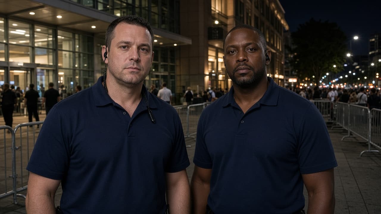 Event security officers outside a US convention center at night