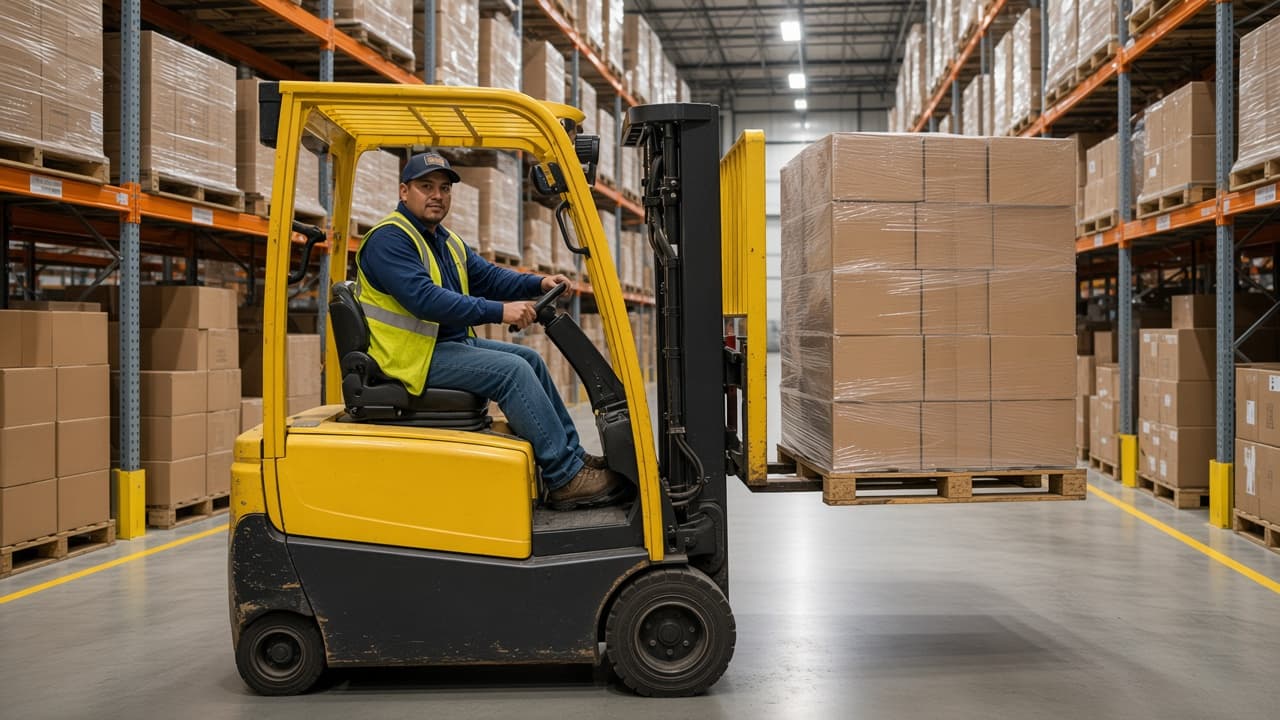 Forklift operator moving pallets in a US distribution warehouse aisle