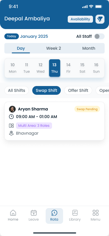 Manager-approved nurse shift swap on the rotation roster